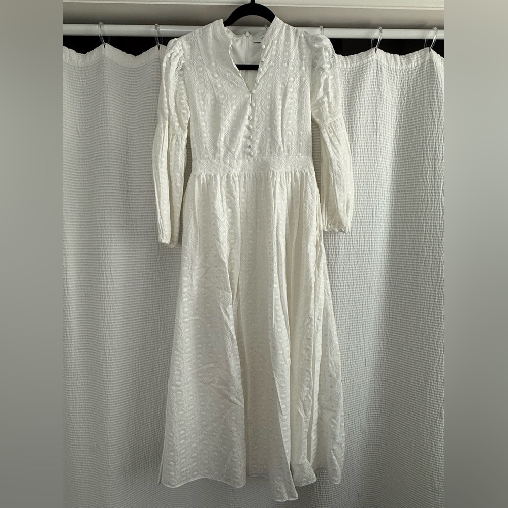 Likely White Pleated Gown with Bishop Sleeves